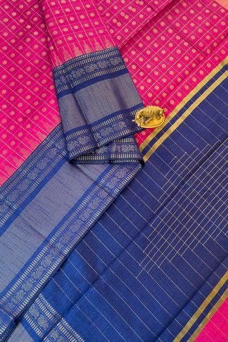 dupion saree - pink with blue kanchi border - checked pattern
