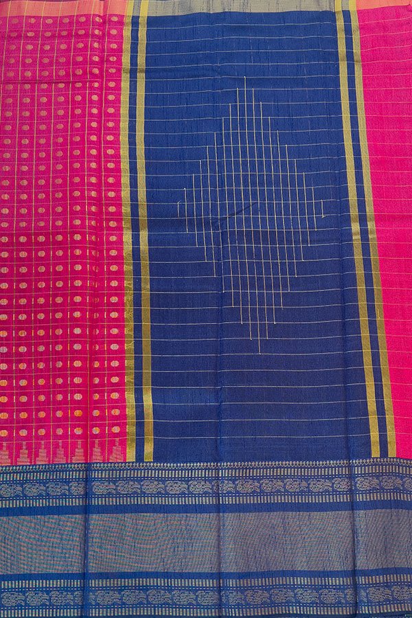 dupion saree pallu - pink with blue kanchi border - checked pattern