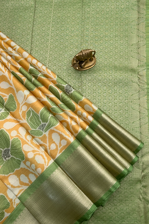 Printed Fusion Silk Saree in Yellow and Green
