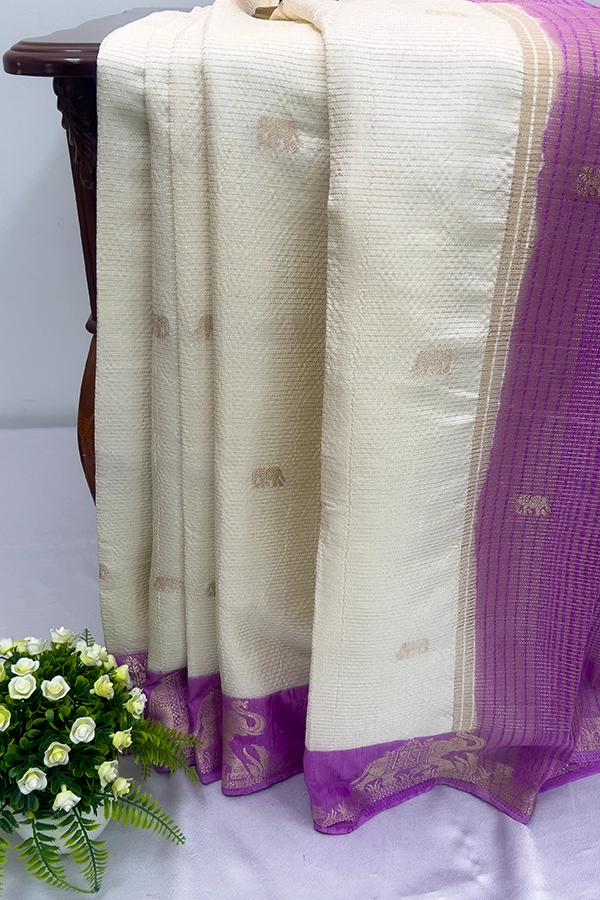 Elephant Motif Vairaoosi Tussar Saree in Cream