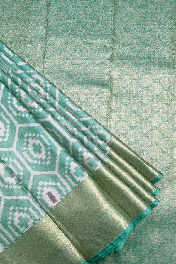 Printed Fusion Silk Saree in Teal