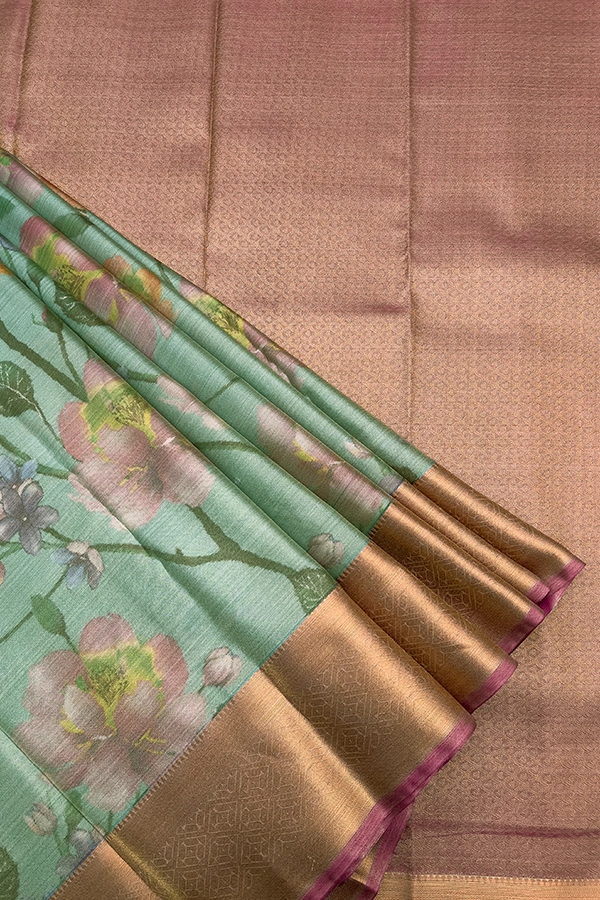 Printed Fusion Silk Saree in Mint Green