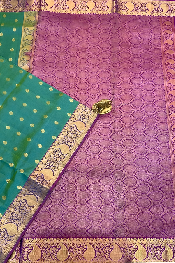 Kanchipuram Silk saree in teal and purple